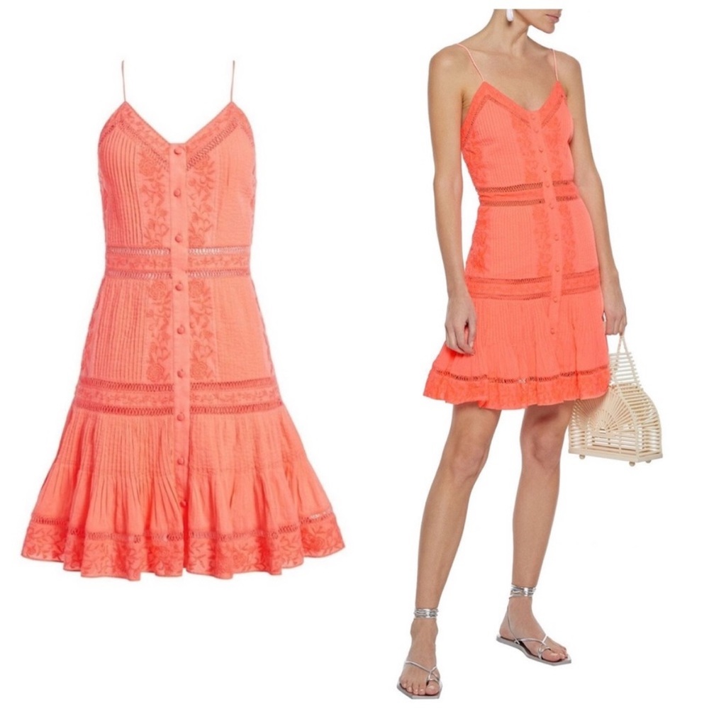 alice + olivia Marci Pintuck Pleated Embroidered Cotton Mini Dress Coral